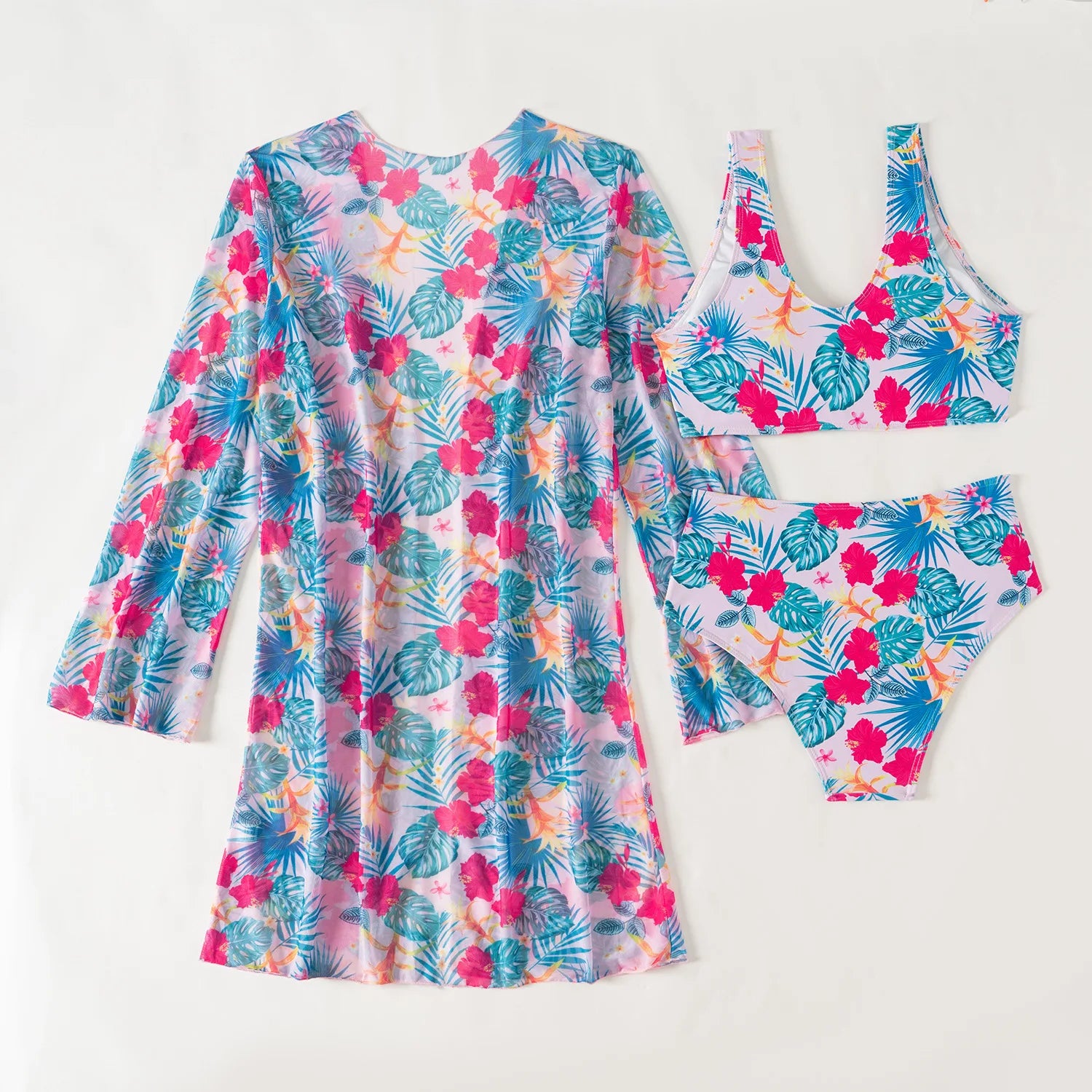 2025 Sexy Floral 3-Piece Bikini Set – High Waist Women’s Swimwear