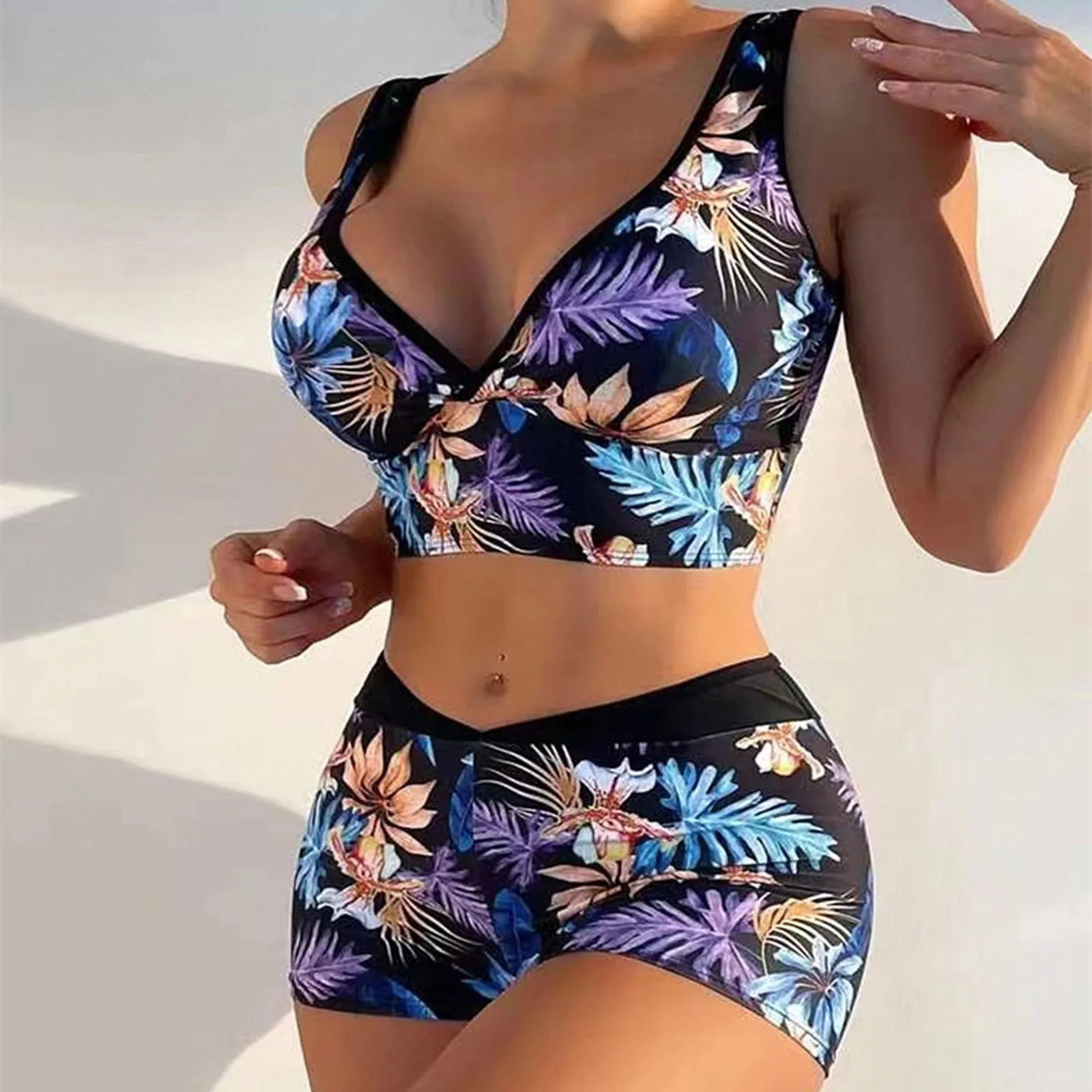 Women’s High-Waisted Print Bikini – Push-Up Swimwear with Wide Shoulder Straps