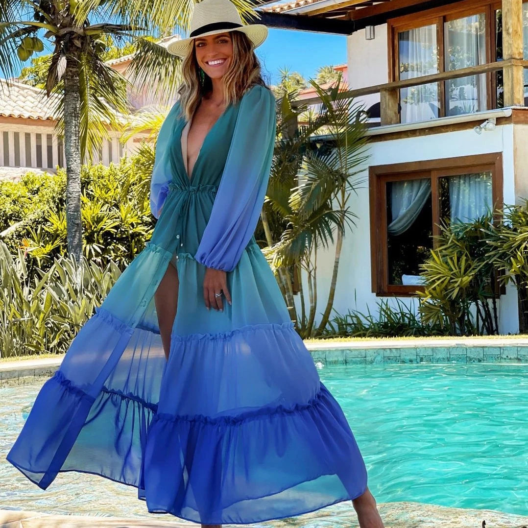 Blue Eyes Bikini Beach Cover-Up – Long Kaftan Sarong Tunic