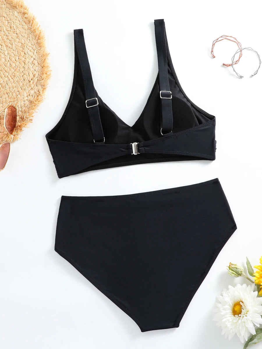 Women’s V-Neck Bikini Set – High-Waisted Vintage Swimsuit