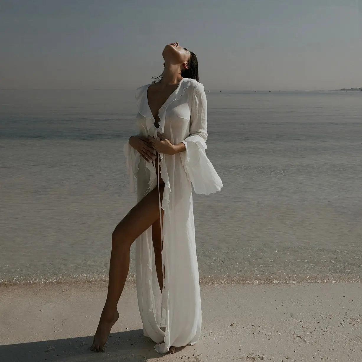 Sexy V-Neck Ruffled Chiffon Beach Cover-Up Dress