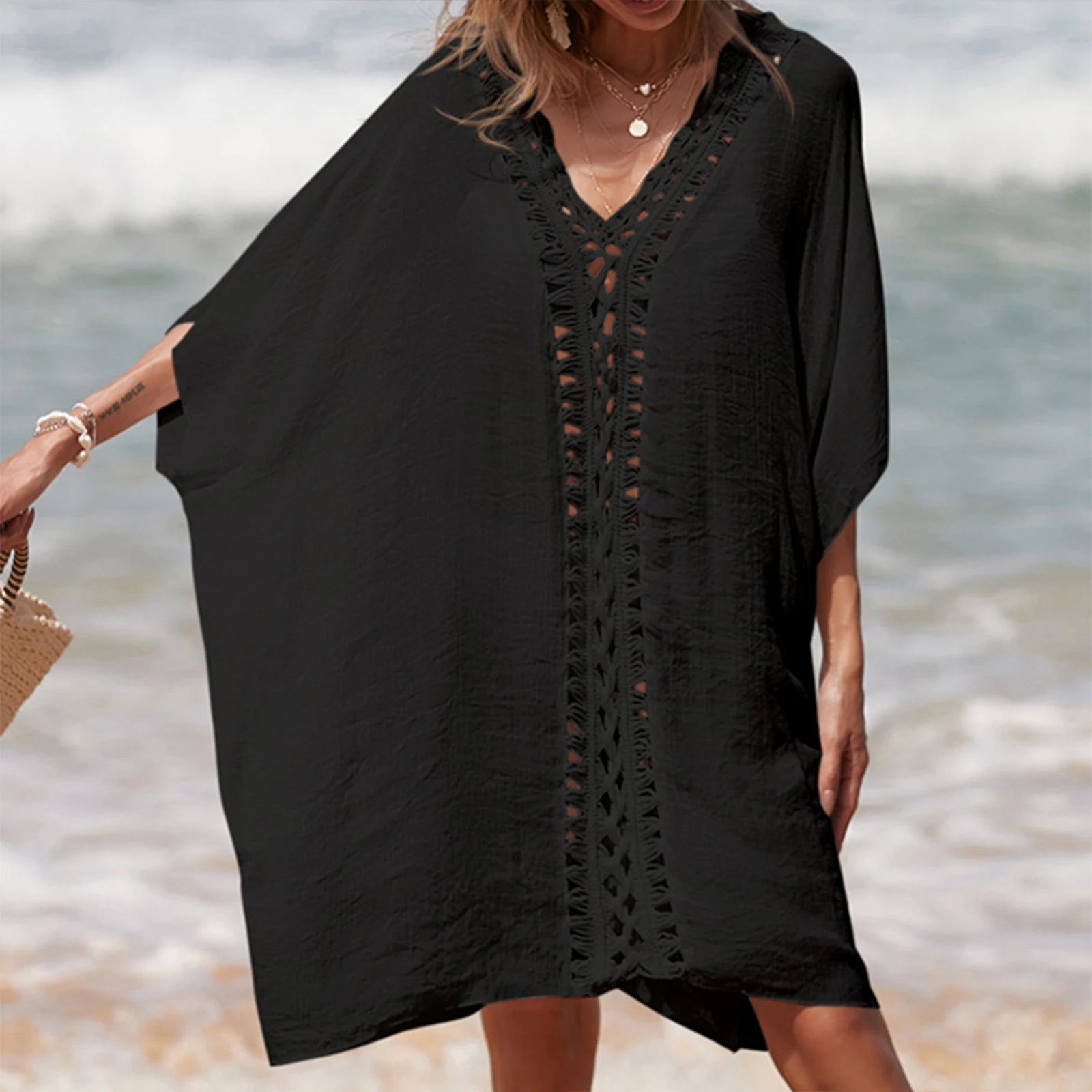 Women’s Crochet Cutout Beach Cover-Up – Loose Summer Swimsuit Dress