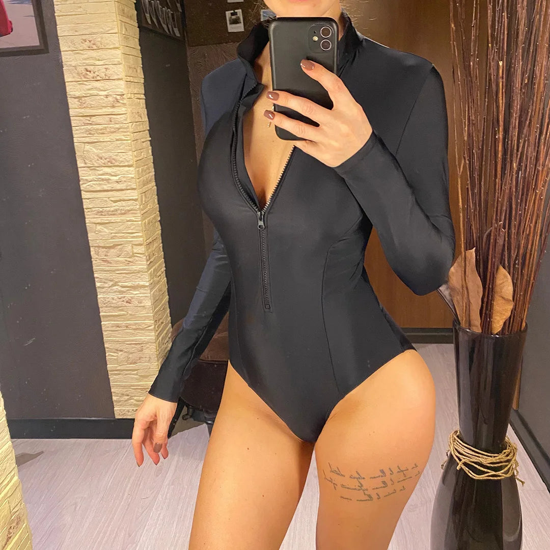 S-2XL Women’s Long Sleeve Zipper Surf Rash Guard One-Piece Swimsuit