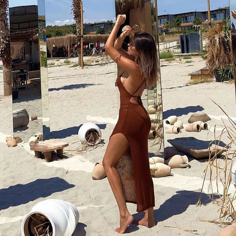 Knitted See-Through Beach Cover-Up – Sexy Maxi Slit Bodycon Dress