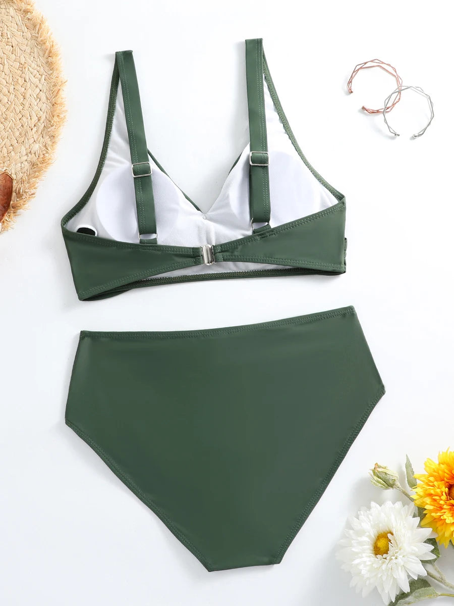 Women’s V-Neck Bikini Set – High-Waisted Vintage Swimsuit