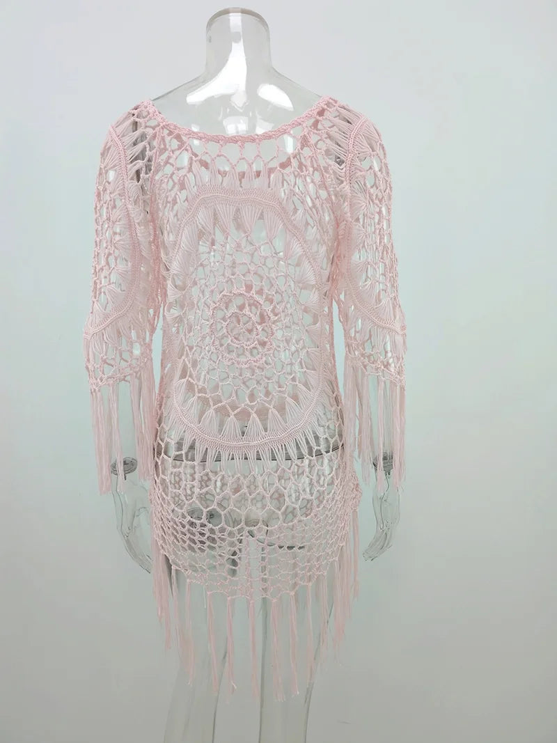 BabYoung Handmade Crochet Lace Beach Cover-Up – Bohemian Fringe Dress