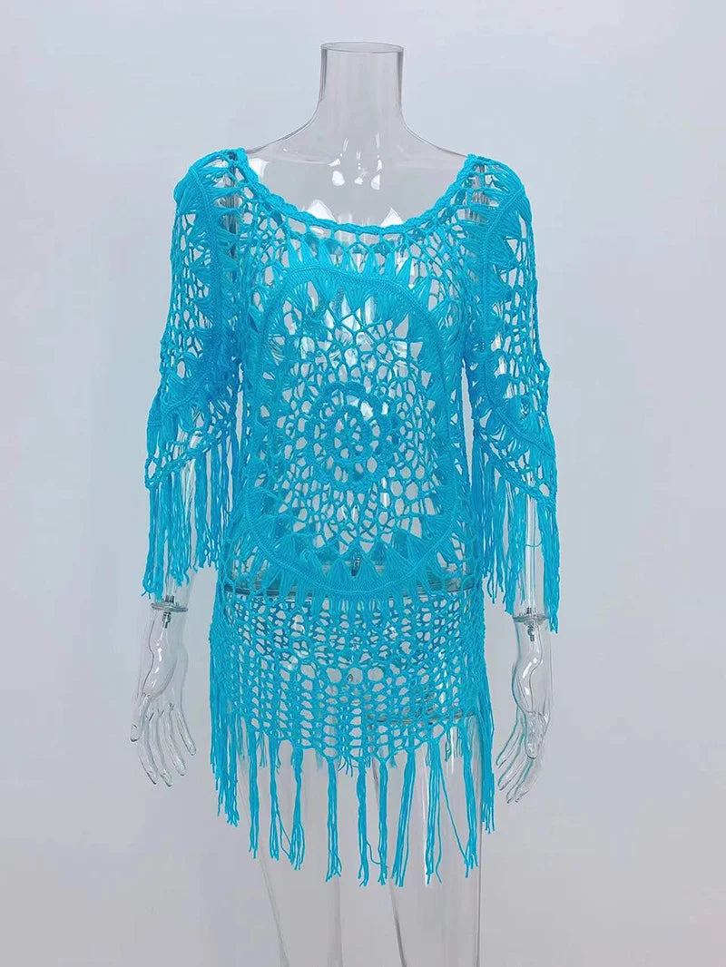 BabYoung Handmade Crochet Lace Beach Cover-Up – Bohemian Fringe Dress