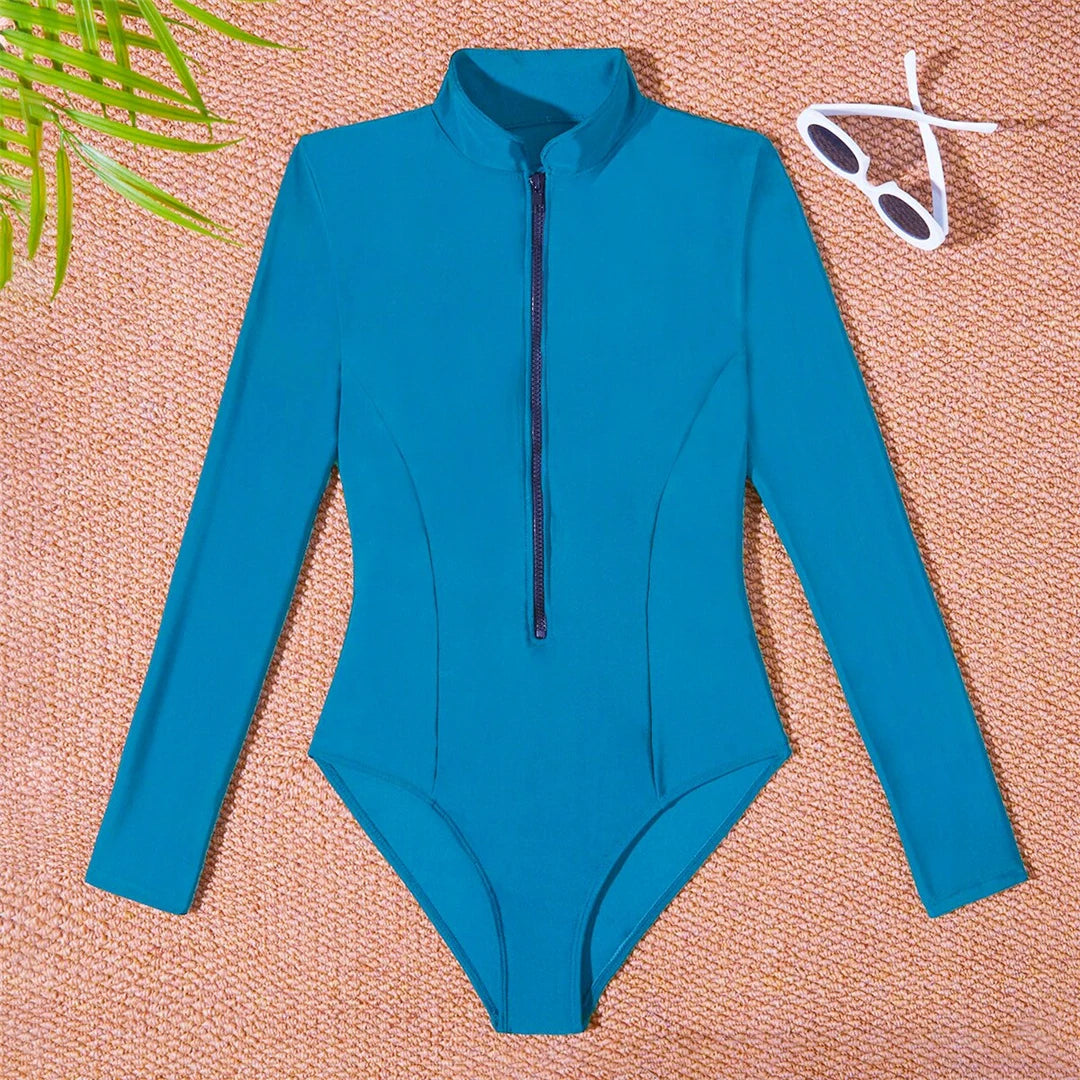 S-2XL Women’s Long Sleeve Zipper Surf Rash Guard One-Piece Swimsuit