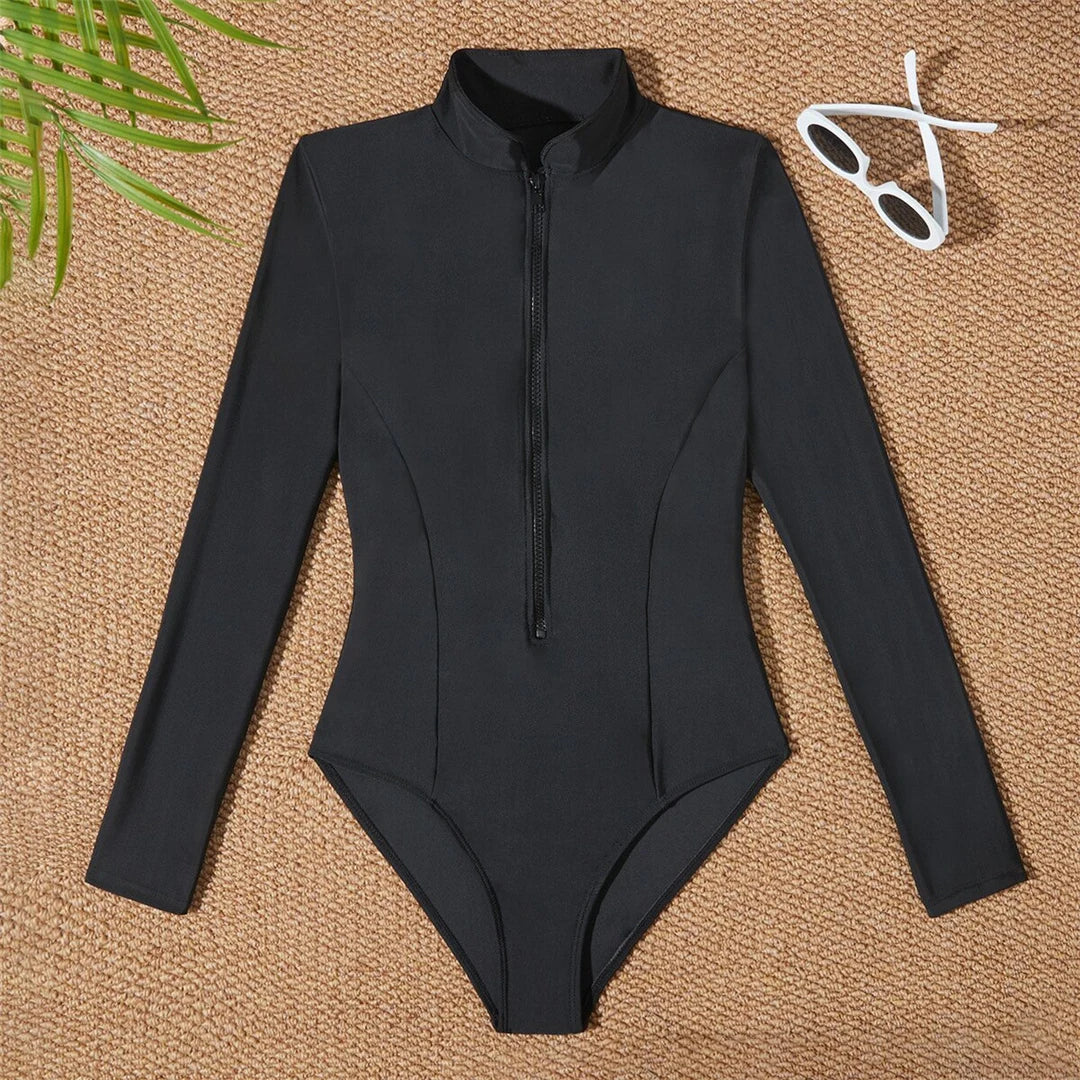 S-2XL Women’s Long Sleeve Zipper Surf Rash Guard One-Piece Swimsuit