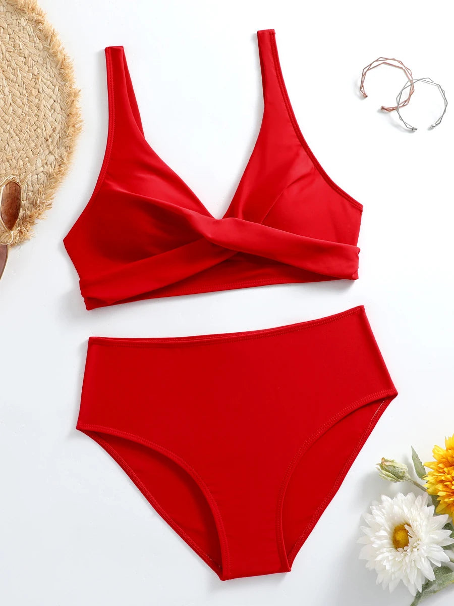 Women’s V-Neck Bikini Set – High-Waisted Vintage Swimsuit