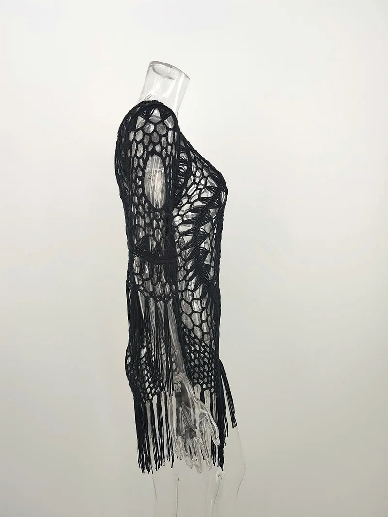 BabYoung Handmade Crochet Lace Beach Cover-Up – Bohemian Fringe Dress