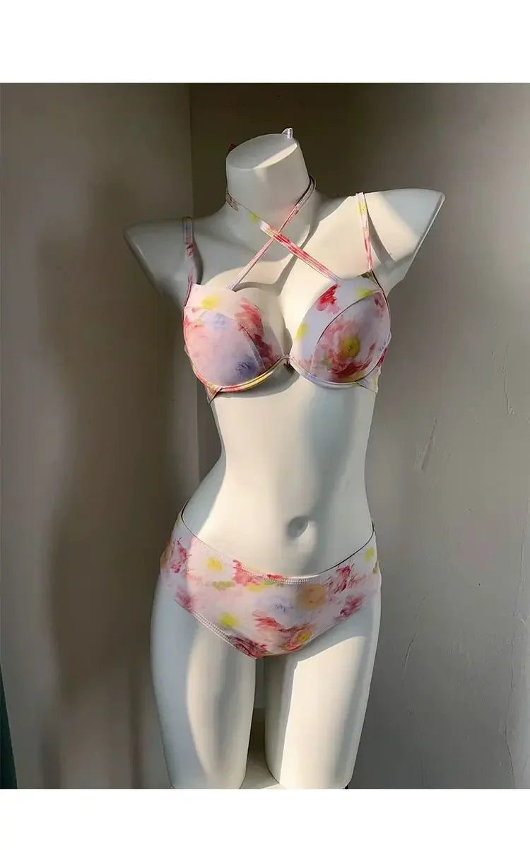 Sexy Floral Print Bikini Set – 4-Piece Hollow Push-Up Swimsuit