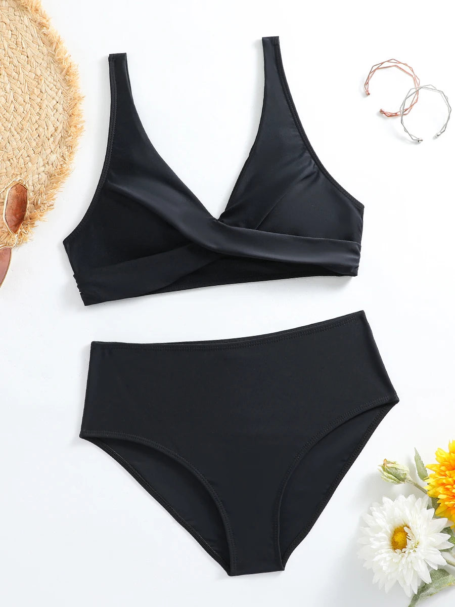 Women’s V-Neck Bikini Set – High-Waisted Vintage Swimsuit