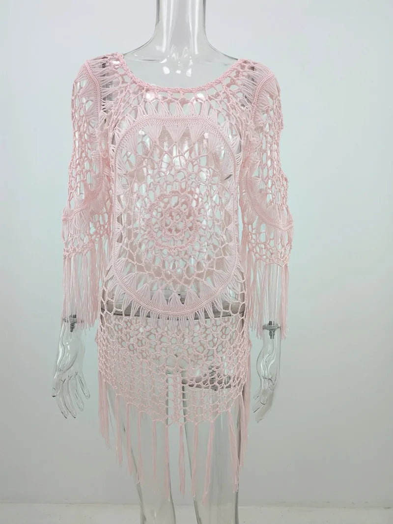 BabYoung Handmade Crochet Lace Beach Cover-Up – Bohemian Fringe Dress