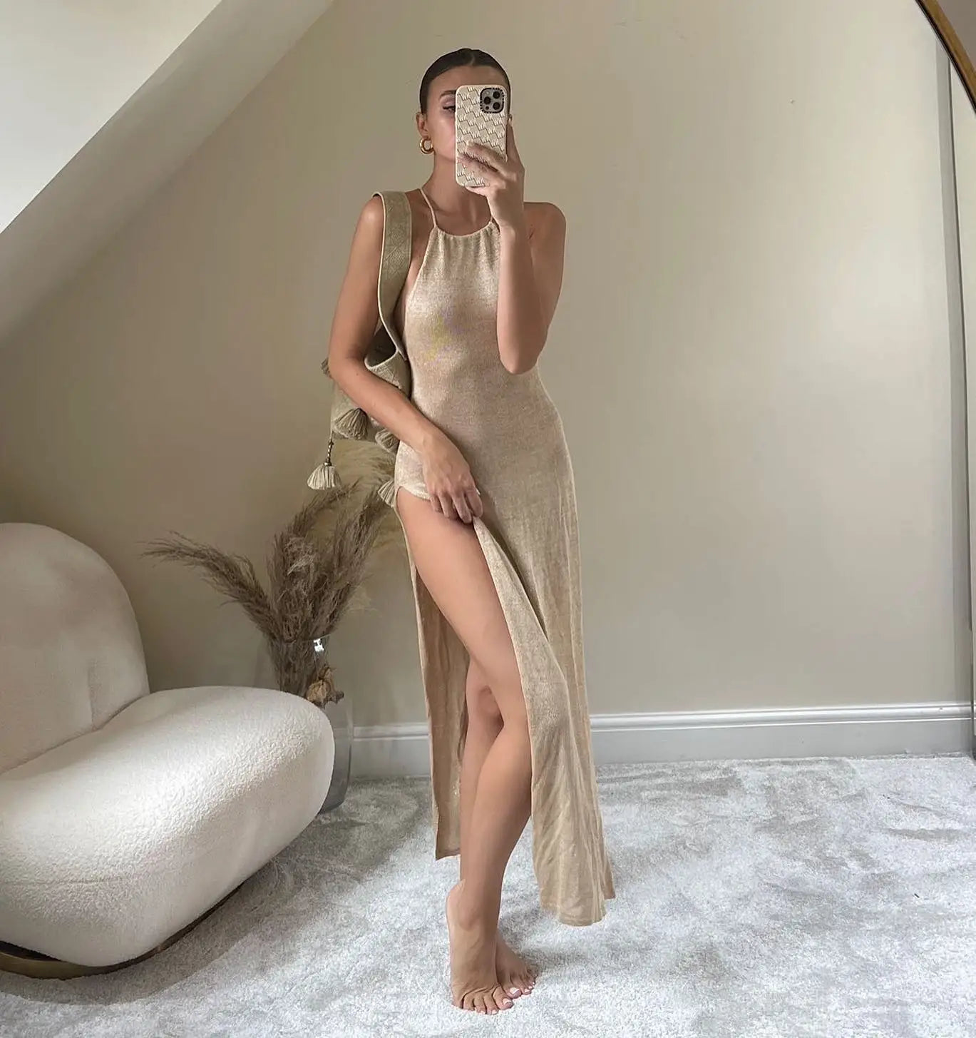 Knitted See-Through Beach Cover-Up – Sexy Maxi Slit Bodycon Dress
