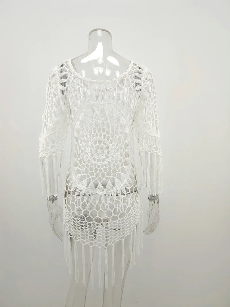 BabYoung Handmade Crochet Lace Beach Cover-Up – Bohemian Fringe Dress