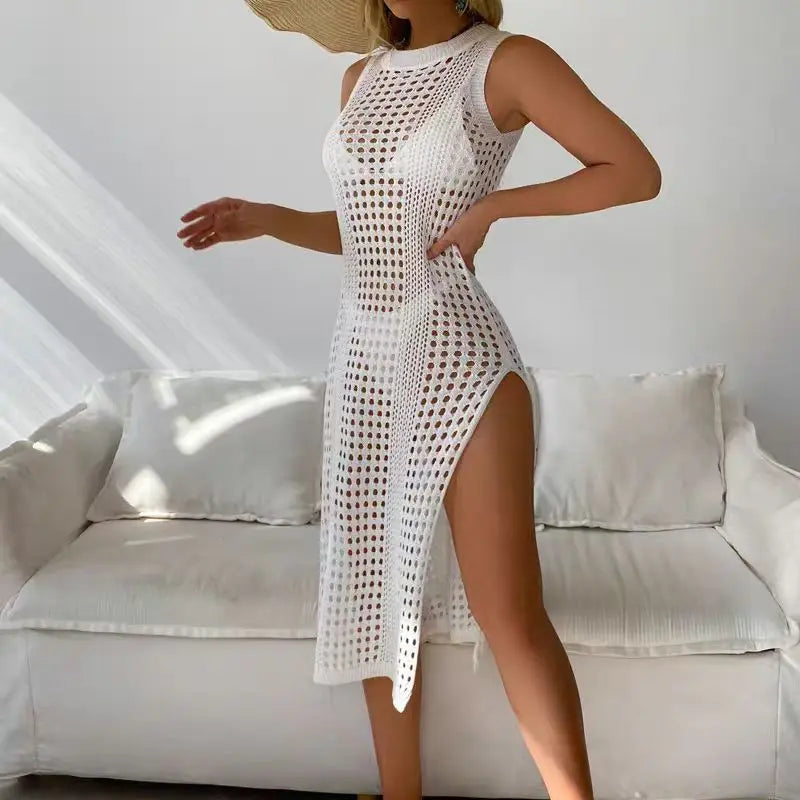 Abrini Women’s Hollow Crochet Cover-Up – Sleeveless Bikini Dress