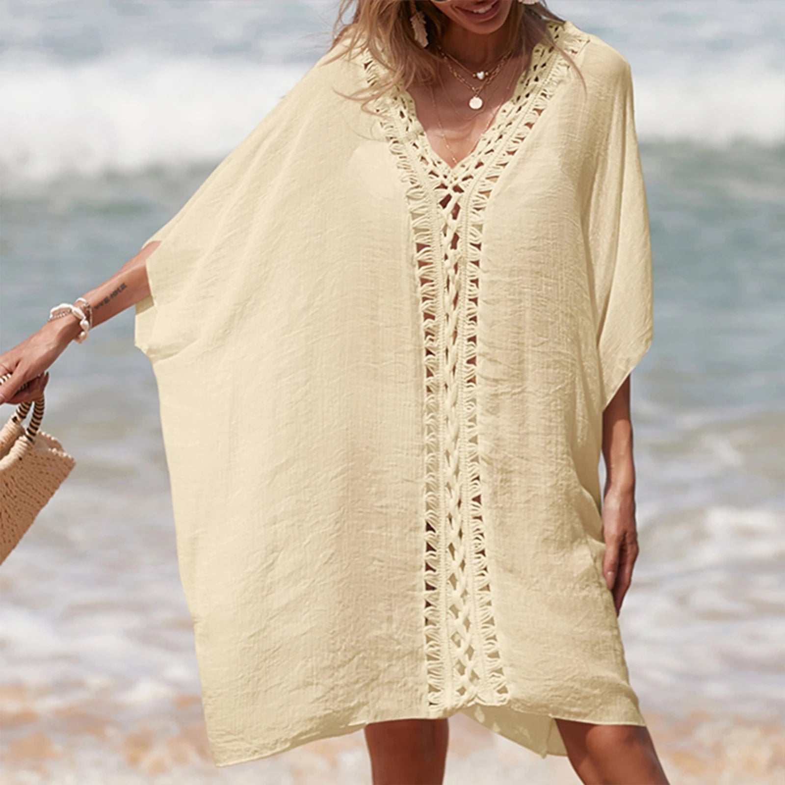 Women’s Crochet Cutout Beach Cover-Up – Loose Summer Swimsuit Dress