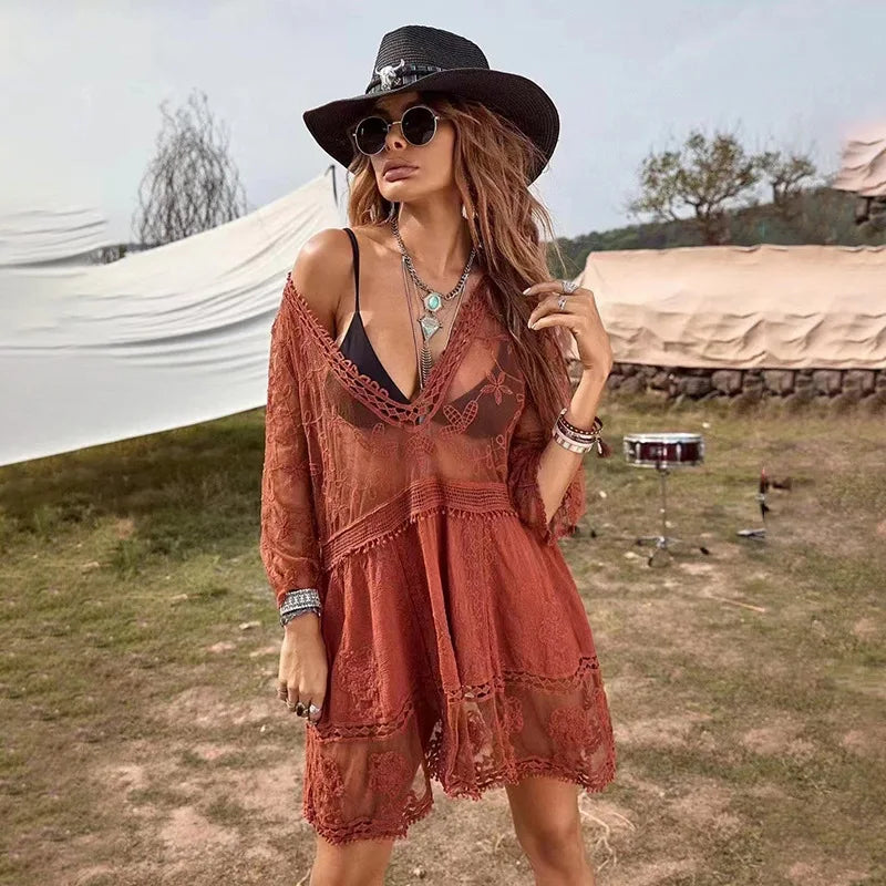 Women’s V-Neck Beach Cover-Up Tunic – Crochet Sarong Bikini Dress