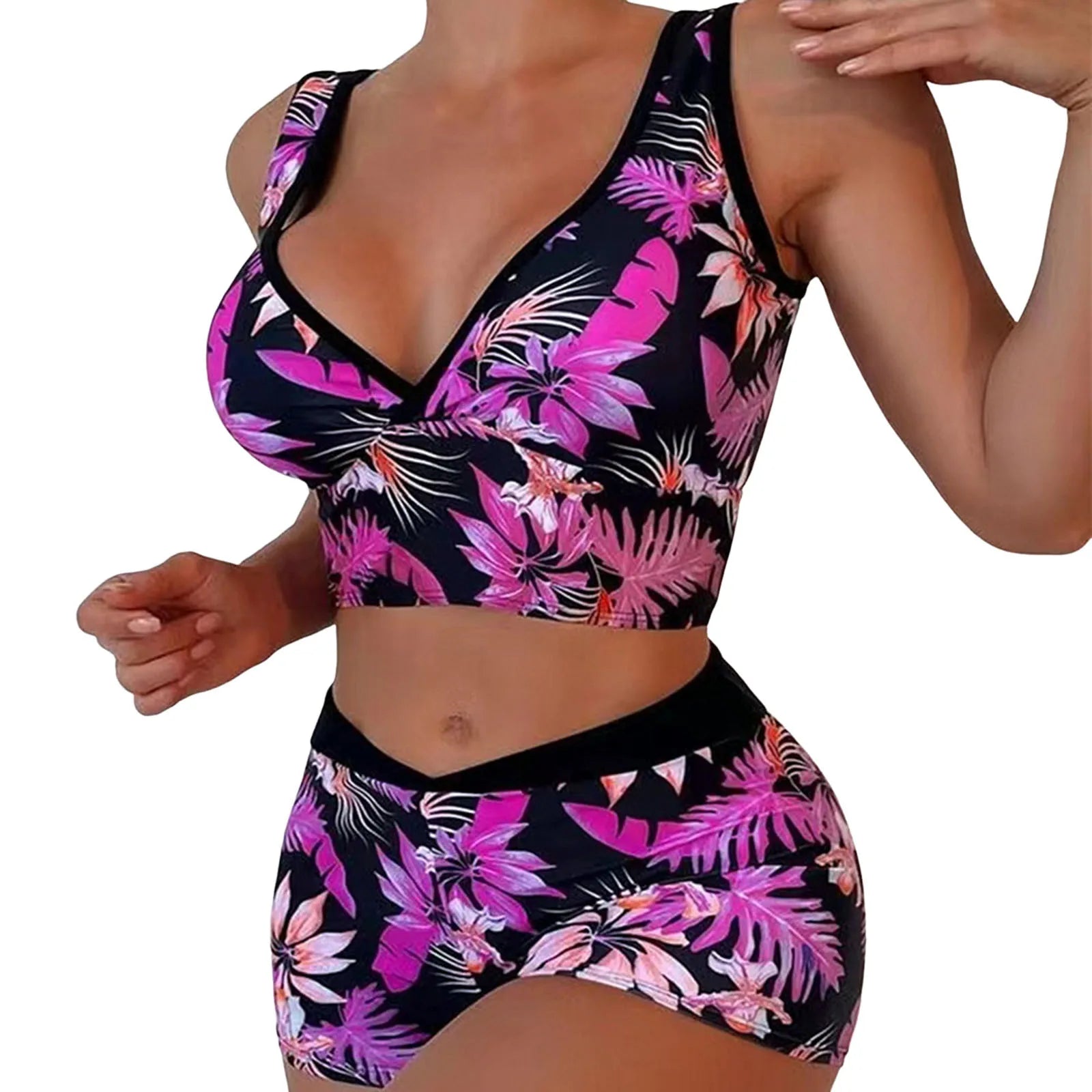 Women’s High-Waisted Print Bikini – Push-Up Swimwear with Wide Shoulder Straps