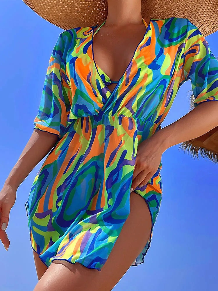 OIINAA Contrast Color 3-Piece Bikini Set – Lace-Up Beach Swimsuit
