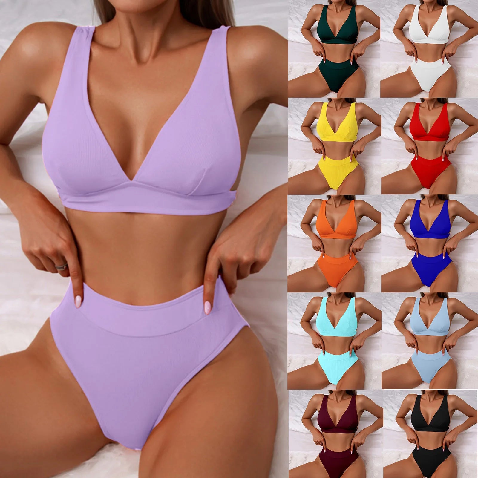 Women’s Deep V High-Waisted Bikini Set – Two-Piece Swimwear