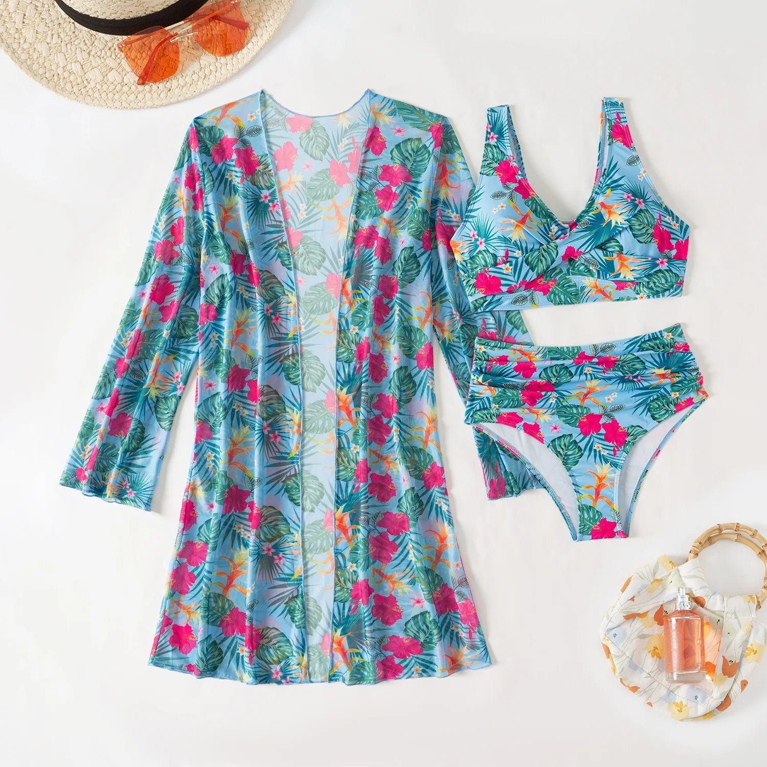 2025 Sexy Floral 3-Piece Bikini Set – High Waist Women’s Swimwear