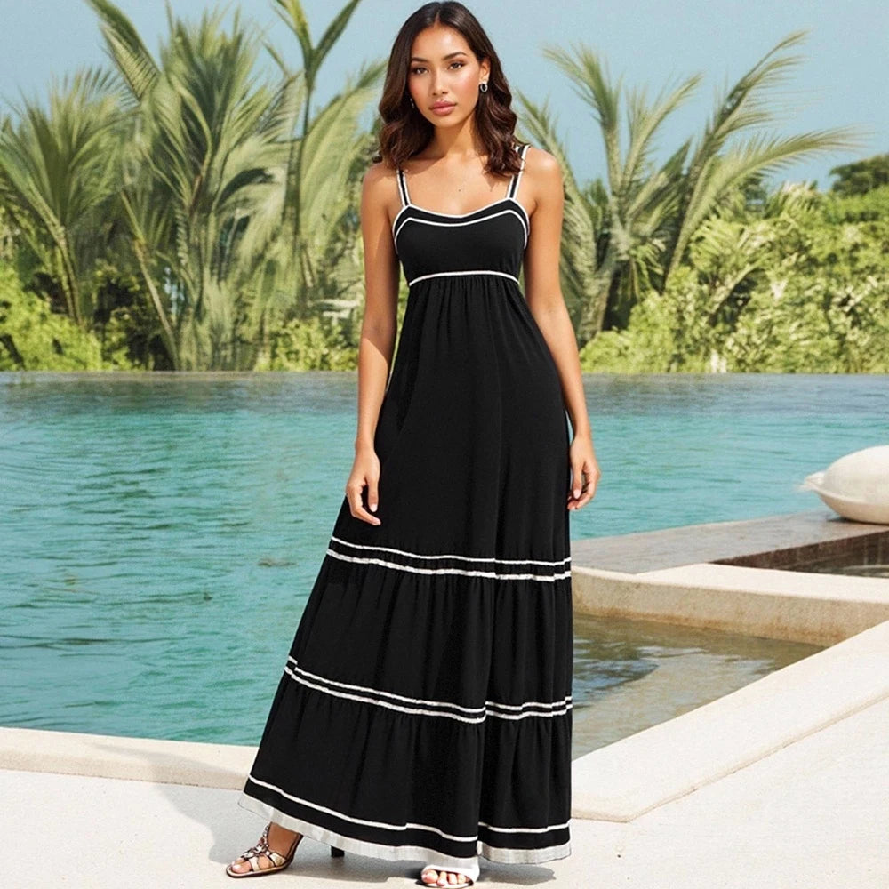 Mia Muse Summer Striped Sleeveless Square Neck Maxi Dress