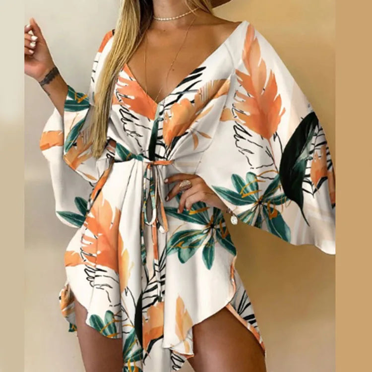 Women’s V-Neck Bohemian Beach Sundress – Floral Print Bat Sleeve Mini Dress