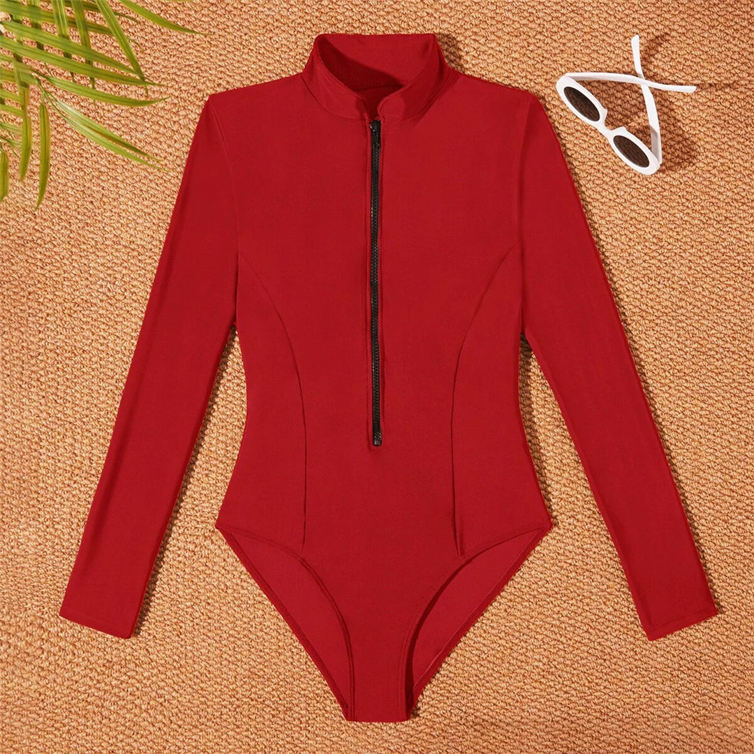 S-2XL Women’s Long Sleeve Zipper Surf Rash Guard One-Piece Swimsuit