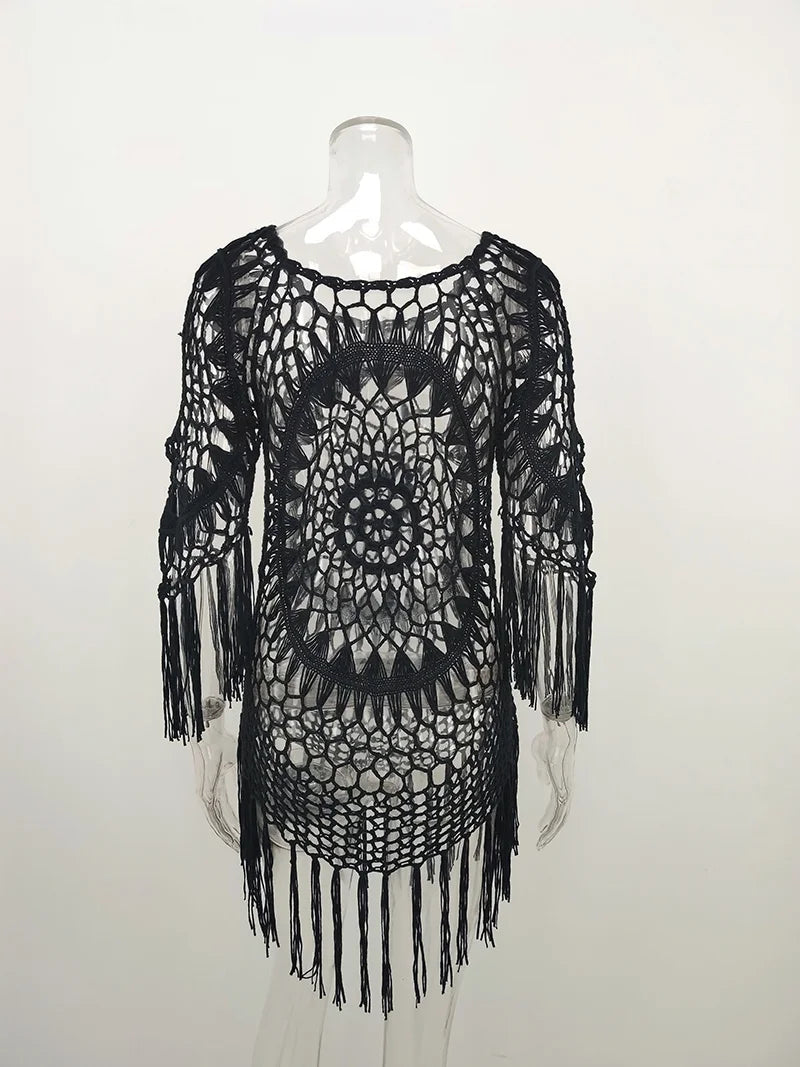 BabYoung Handmade Crochet Lace Beach Cover-Up – Bohemian Fringe Dress