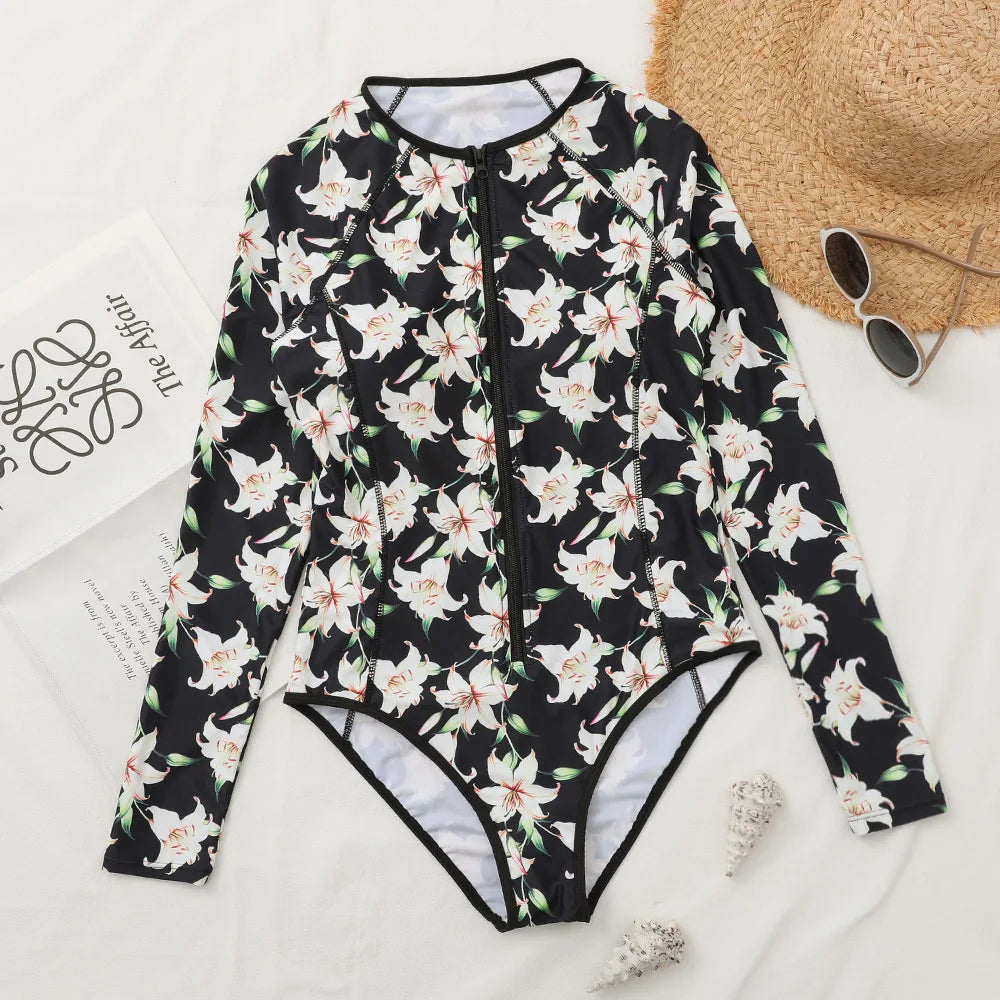 2025 Women’s Long Sleeve Surfing One-Piece Swimsuit