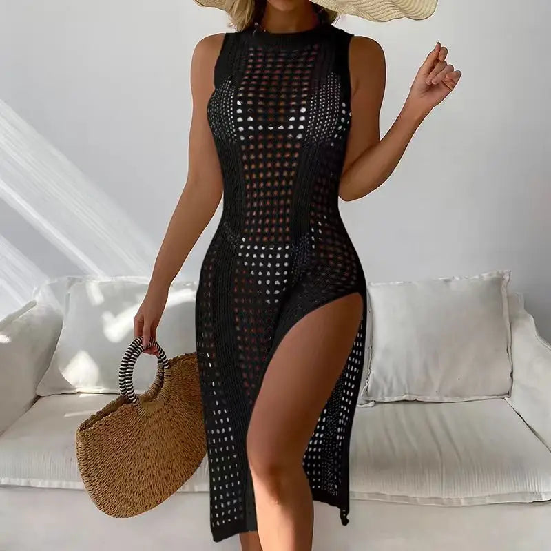 Abrini Women’s Hollow Crochet Cover-Up – Sleeveless Bikini Dress