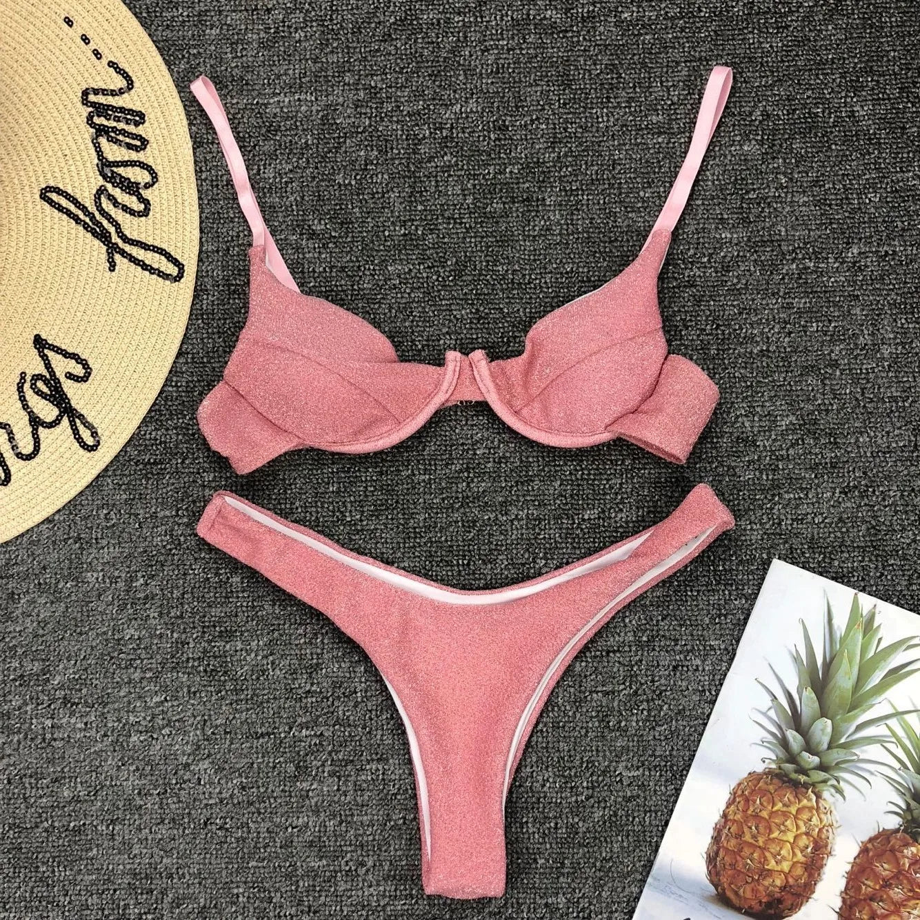 Sexy Silver Glitter Bikini – Push-Up Cut Out Thong Swimsuit