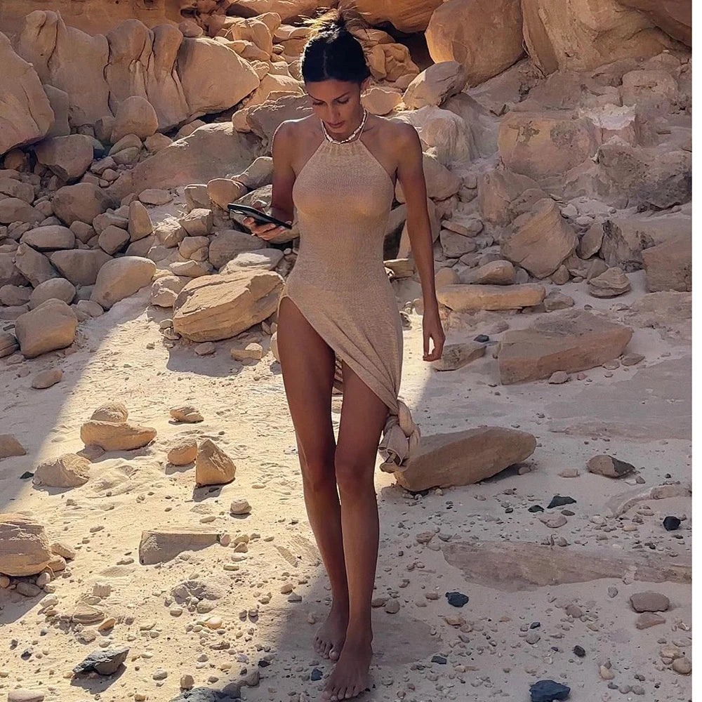 Knitted See-Through Beach Cover-Up – Sexy Maxi Slit Bodycon Dress