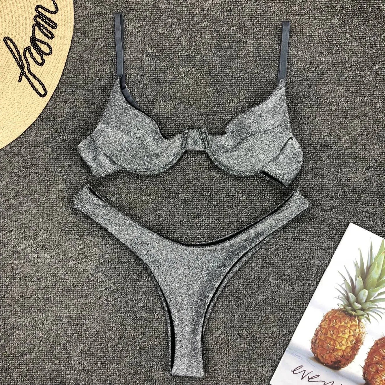 Sexy Silver Glitter Bikini – Push-Up Cut Out Thong Swimsuit