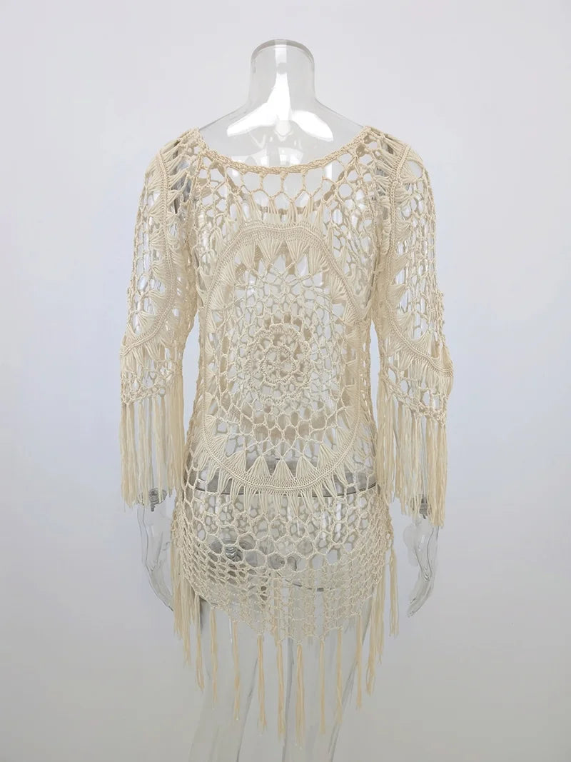 BabYoung Handmade Crochet Lace Beach Cover-Up – Bohemian Fringe Dress