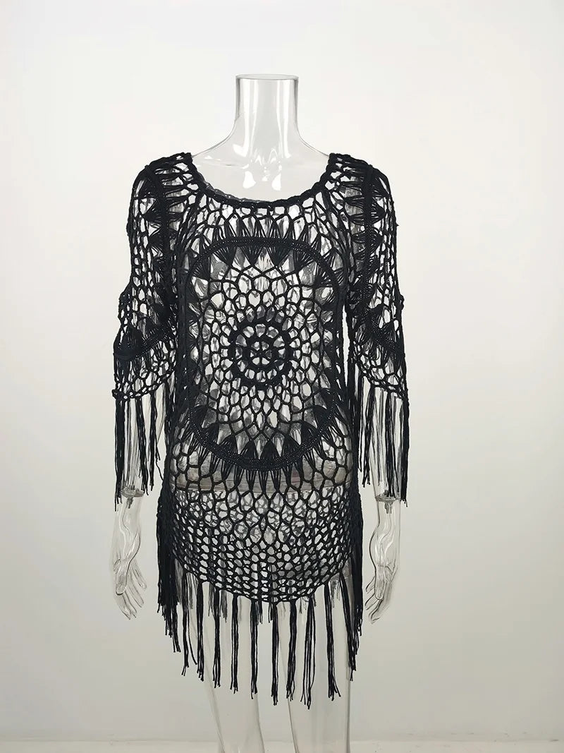BabYoung Handmade Crochet Lace Beach Cover-Up – Bohemian Fringe Dress