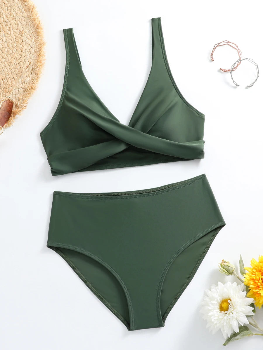 Women’s V-Neck Bikini Set – High-Waisted Vintage Swimsuit