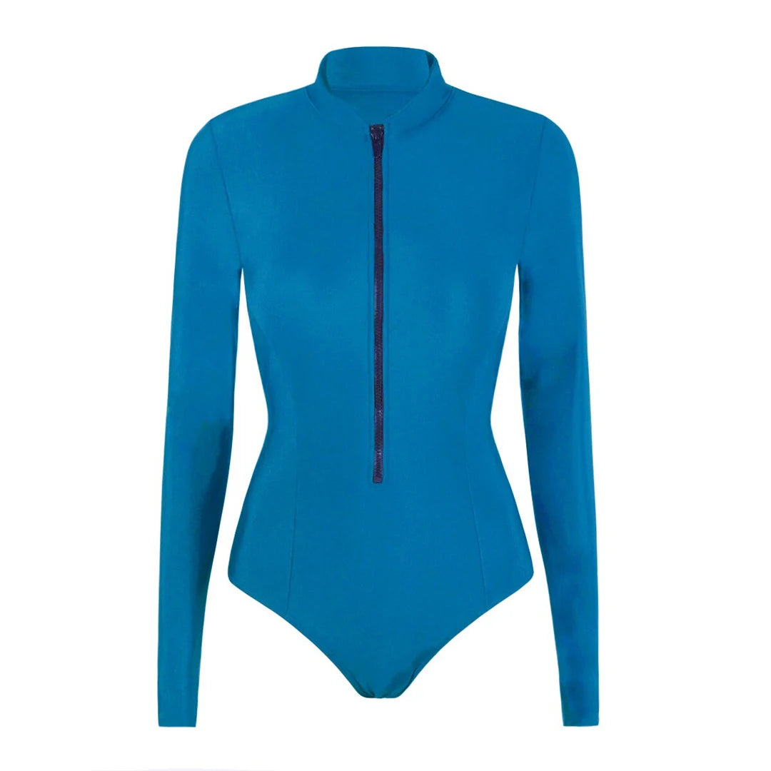 S-2XL Women’s Long Sleeve Zipper Surf Rash Guard One-Piece Swimsuit